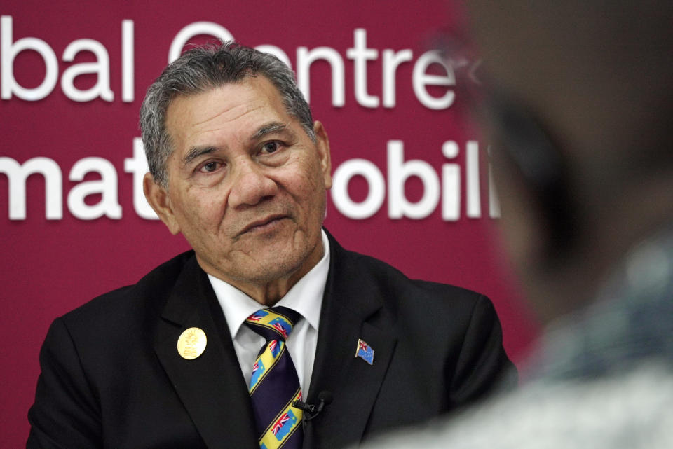 Kausea Natano, prime minister of Tuvalu, speaks to The Associated Press at the COP27 U.N. Climate Summit, Tuesday, Nov. 8, 2022, in Sharm el-Sheikh, Egypt. (AP Photo/Teresa de Miguel)