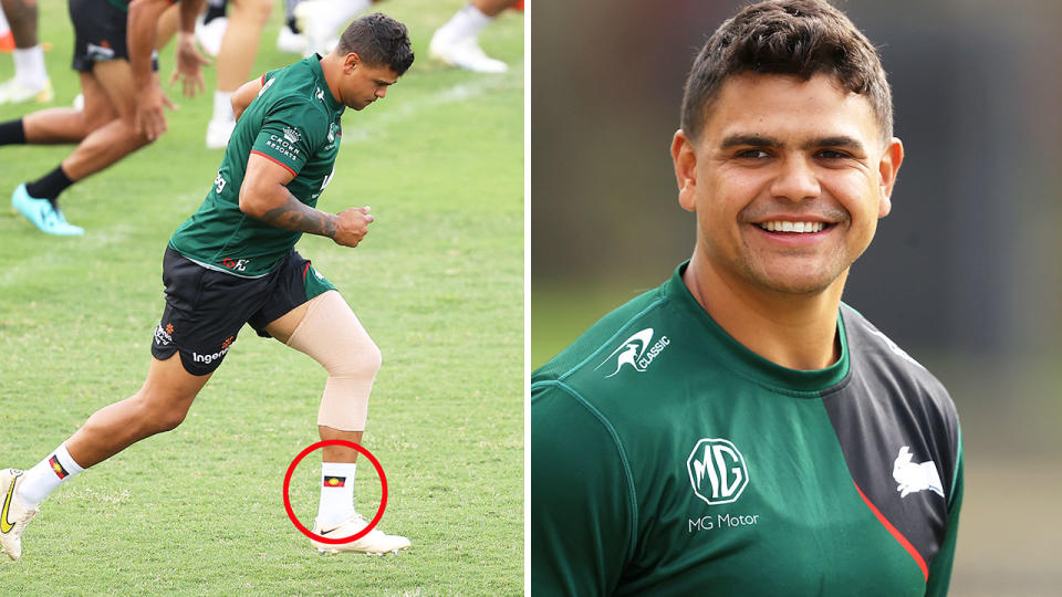 Pictured here, Latrell Mitchell wearing socks with the Aboriginal flag on them at training.