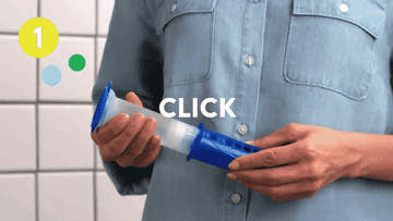 A gif of a person stamping the gel onto the side of a toilet and flushing it