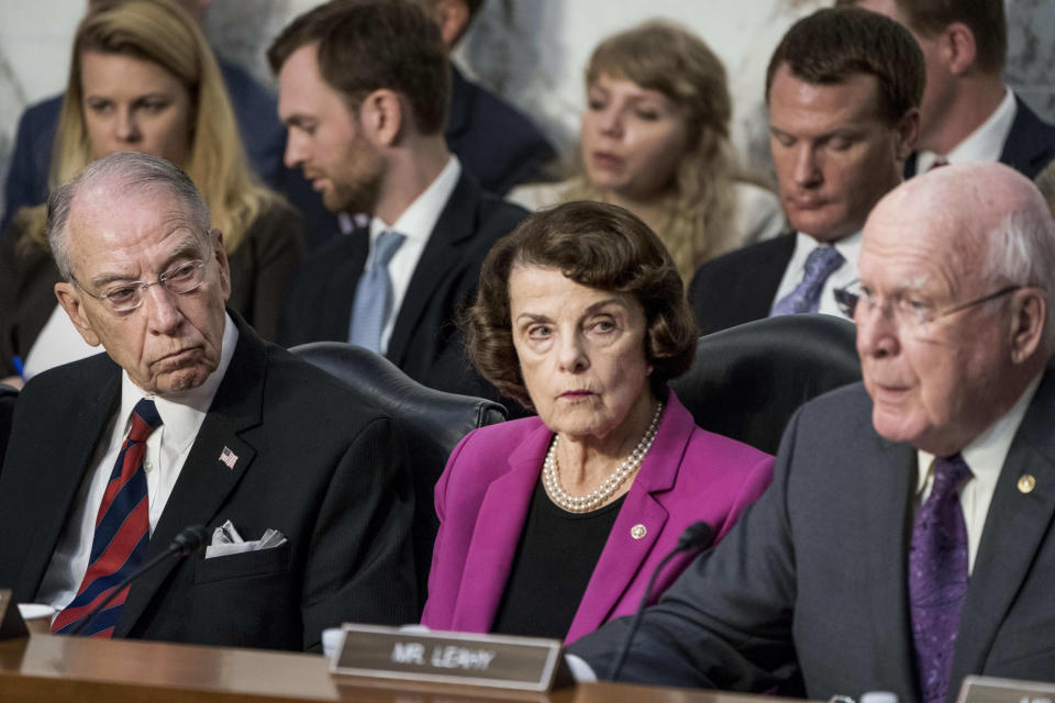 From left: Senate Judiciary Committee Chairman Chuck Grassley (R-Iowa), Sen. Dianne Feinstein (D-Calif.) and Sen. Patrick Leahy (D-Vt.) deliver opening statements during Kavanaugh's confirmation hearing Tuesday. (Photo: The Washington Post via Getty Images)