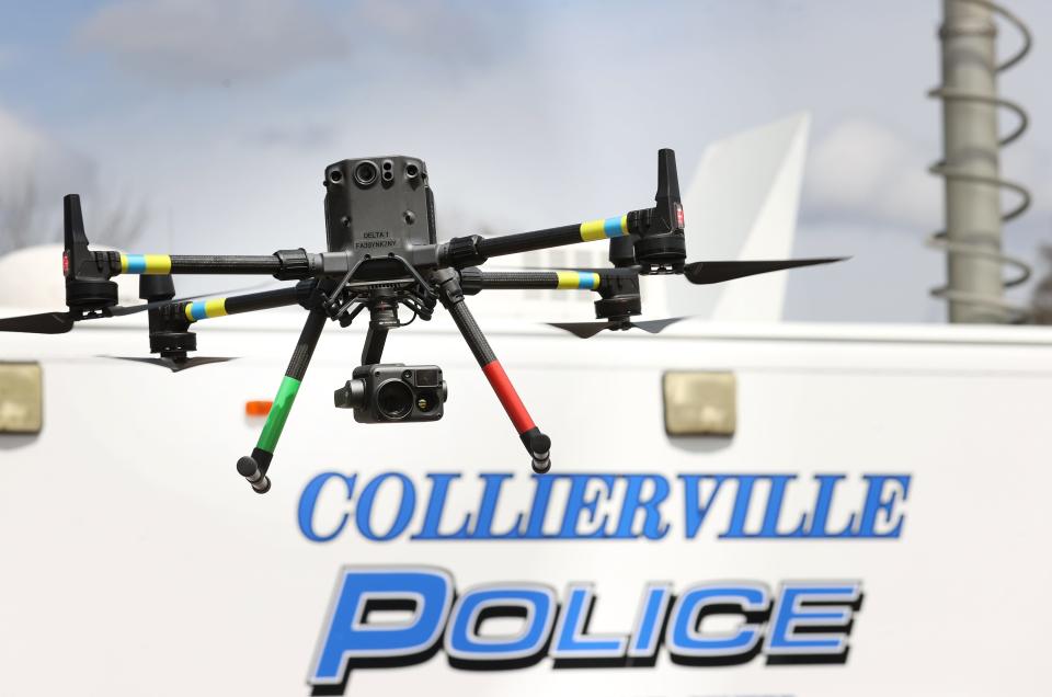 The Collierville Police Department has a new drone, part of their unmanned aerial systems unit featuring thermal imaging seen here at their station on Monday, March 22, 2021. Accordign to Chief Dale Lane the drone's first deployment was to examine traffic patterns at the Germantown COVID vaccine site to streamline the process. 