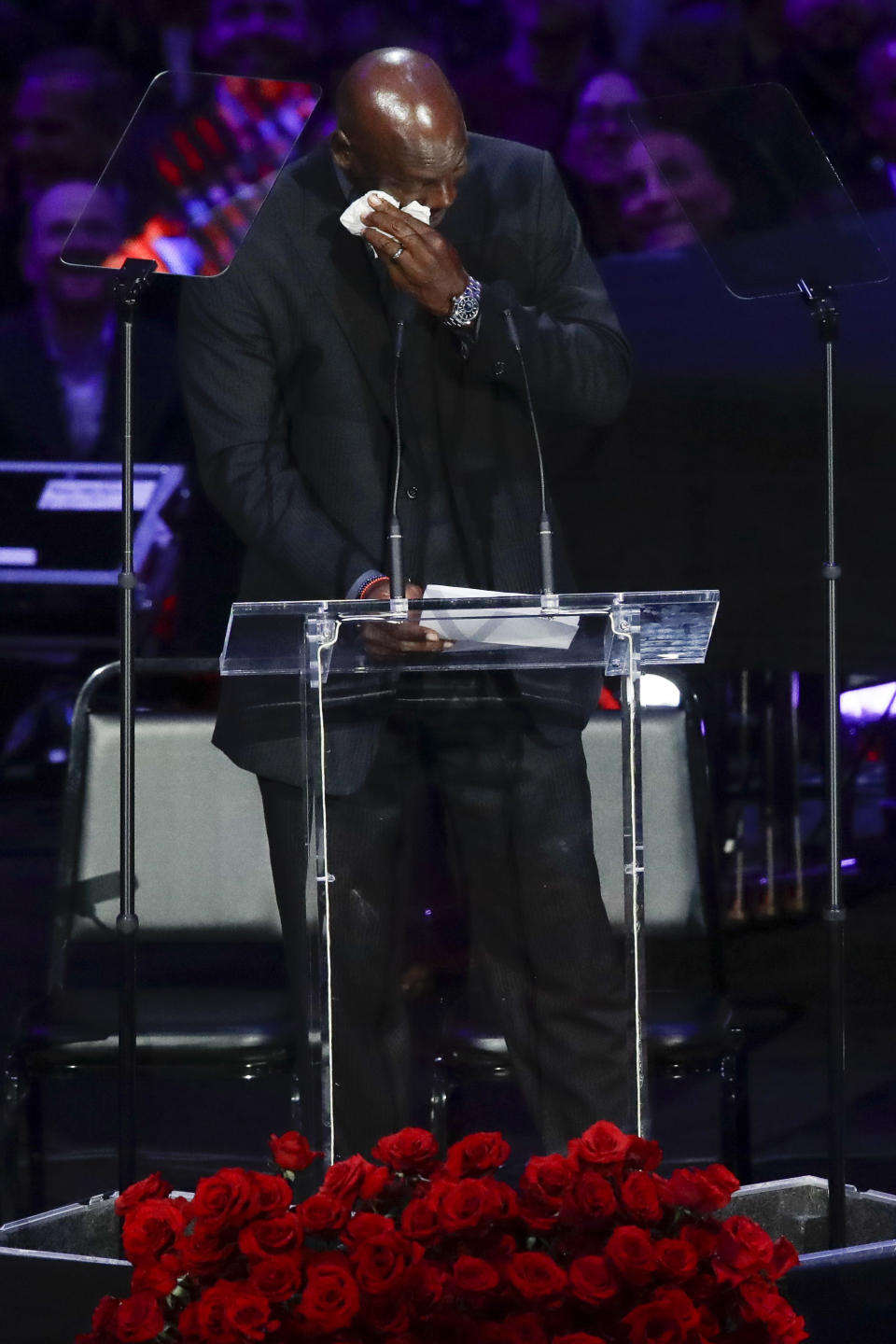 Former NBA player Michael Jordan speaks during a celebration of life for Kobe Bryant and his daughter Gianna Monday, Feb. 24, 2020, in Los Angeles. (AP Photo/Marcio Jose Sanchez)