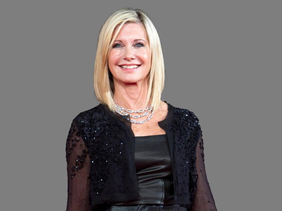 Olivia Newton-John headshot, singer, graphic element on gray