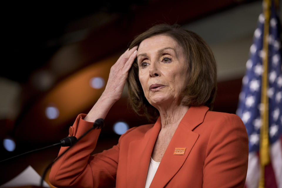 House Speaker Nancy Pelosi of Calif. meets with reporters at the Capitol in Washington, Wednesday, June 5, 2019. (AP Photo/Andrew Harnik)