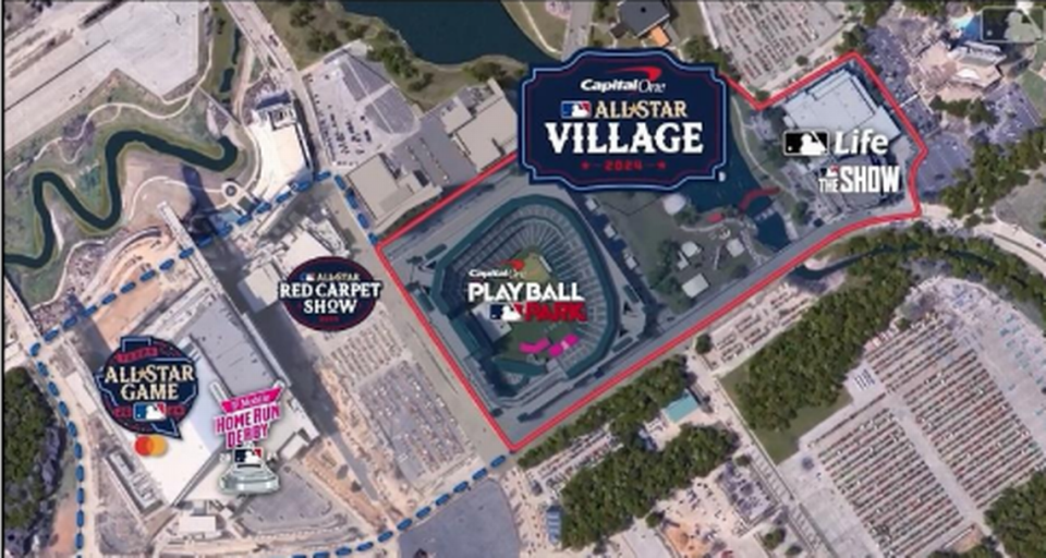 A map of the Capital One All-Star Village which will be held at Choctaw Stadium, Arlington Entertainment District’s North Lawn and Esports Stadium Arlington + Expo Center from July 13-16.