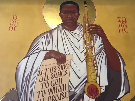 A portrait of the St. John Coltrane hangs in the eponymous inside the St. John Coltrane African Orthodox Church in the Fillmore district of San Francisco February 26, 2016. REUTERS/Curtis Skinner