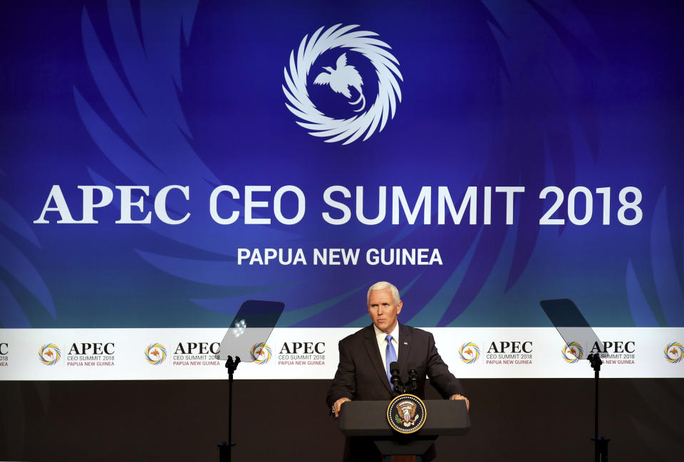 U.S. Vice President Mike Pence speaks at the APEC CEO Summit at the Pacific Explorer cruise ship docked in Port Moresby, Papua New Guinea, Saturday, Nov. 17, 2018. (AP Photo/Mark Schiefelbein)