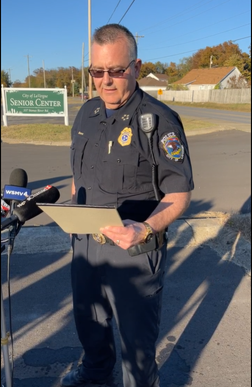 La Vergne Police Chief Christopher Moews announces a shelter-in-place order following the shooting of two police officers during an attempted arrest this afternoon.