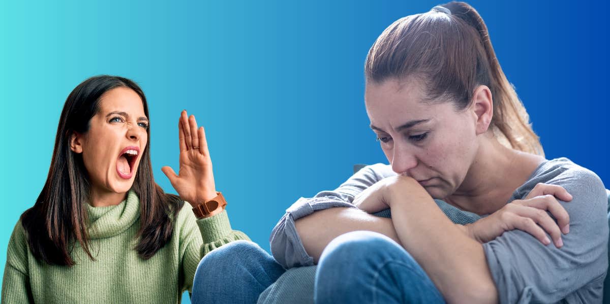 Woman shouting, woman feeling sad and tired