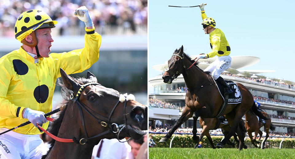 Seen here, jockey Mark Zahra after winning the Melbourne Cup on Without a Fight.