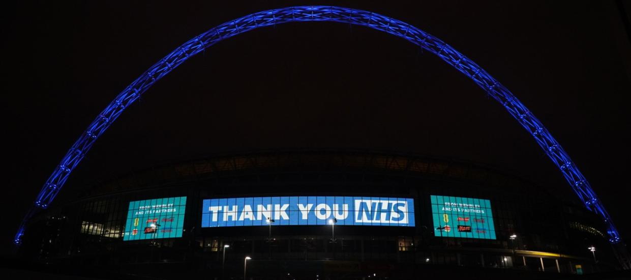 Wembley will be one of many UK landmarks turned blue at 8pm tonight to celebrate the heroes of the National Health Service  