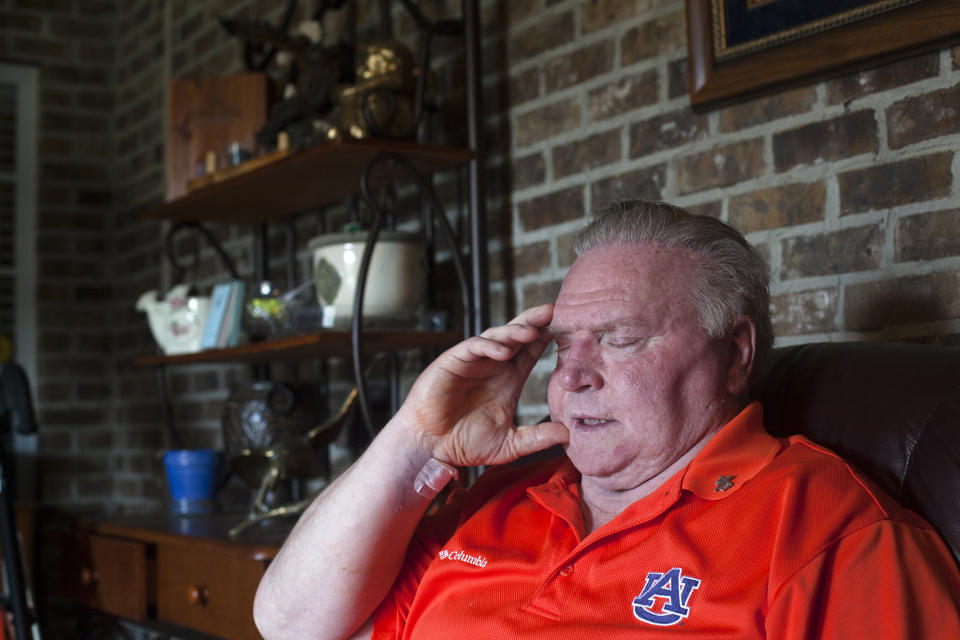 Terry Beasley is shown at his home in Alabama, July 20, 2013. Beasley, a former Auburn star receiver and College Football Hall of Famer, has died of an apparent suicide, according to police. He was 73. St. Clair County Coroner Dennis Russell said Beasley was declared dead Wednesday, Jan. 31, 2024. (Albert Cesare/Opelika-Auburn News via AP)