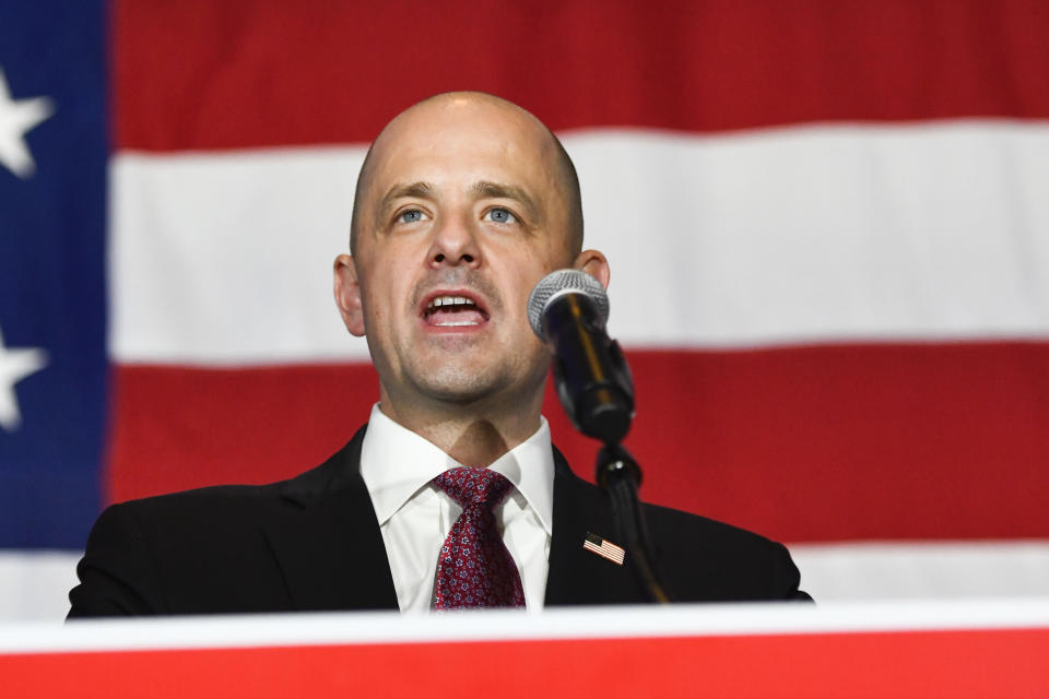 Independent Evan McMullin speaks to supporters during an election-night event Tuesday, Nov. 8, 2022, in Taylorsville, Utah. (AP Photo/Alex Goodlett)