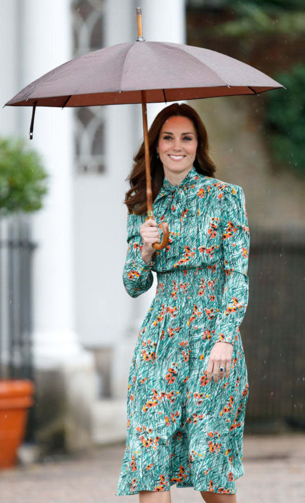 <p>Duchess Kate wears an appropriately floral-themed dress to visit the White Garden at Kensington Palace that was planted in memory of Princess Diana. </p>