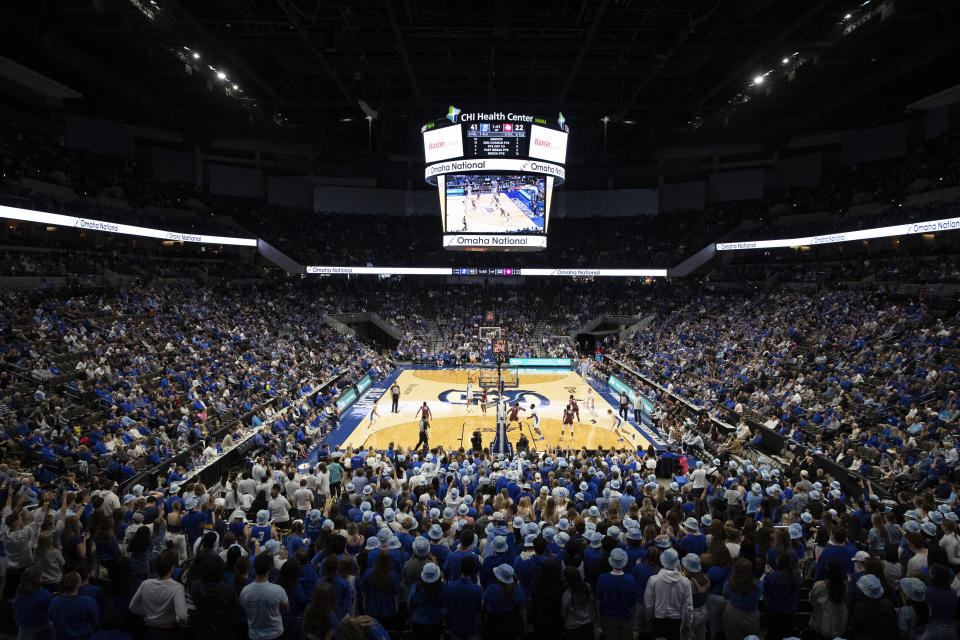 Creighton's Trey Alexander shoots a 3-pointer against Texas Southern during the first half of an NCAA college basketball game Saturday, Nov. 18, 2023, in Omaha, Neb. (AP Photo/Rebecca S. Gratz)