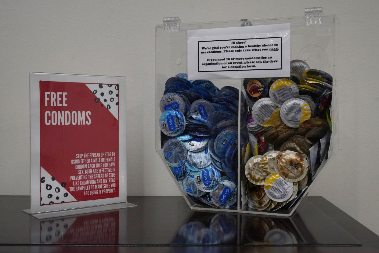 Condoms are available for free to students at the health center at the University of Oklahoma, Wednesday, May 10, 2023, in Norman, Okla. (AP Photo/Sue Ogrocki)