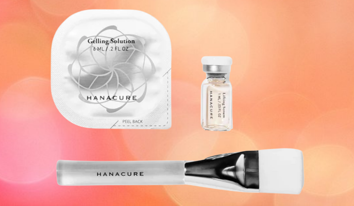 Components of the Hanacure All-in-One Facial set on a peach background.