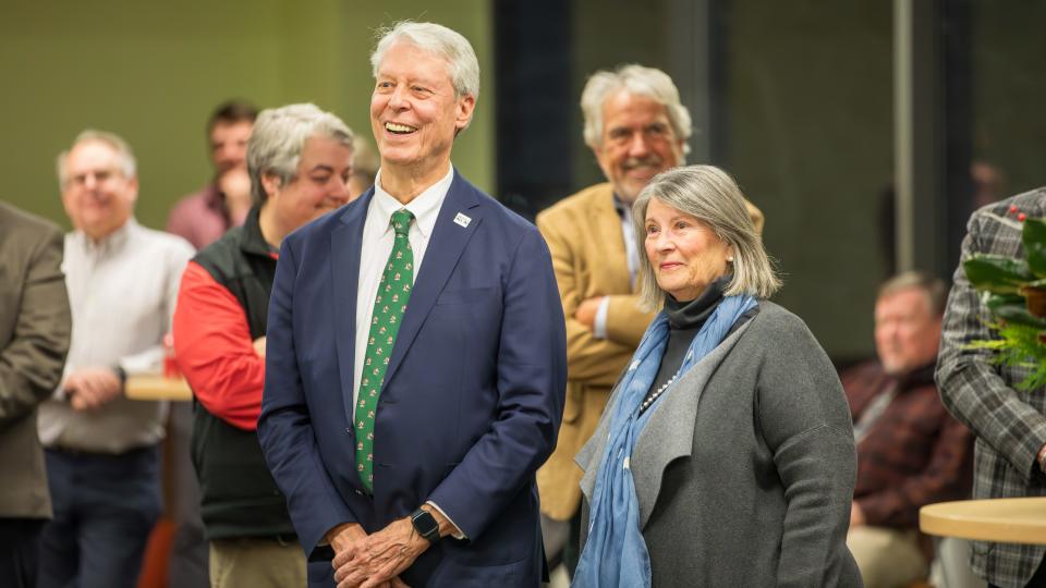 Des Moines Mayor Frank Cownie smiles as he receives the news that a new city administration building will be named for him.