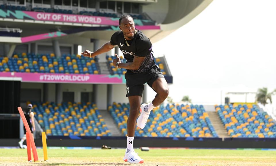 <span>England’s Jofra Archer warms up for the T20 World Cup at the Kensington Oval in Bridgetown.</span><span>Photograph: Gareth Copley/Getty Images</span>