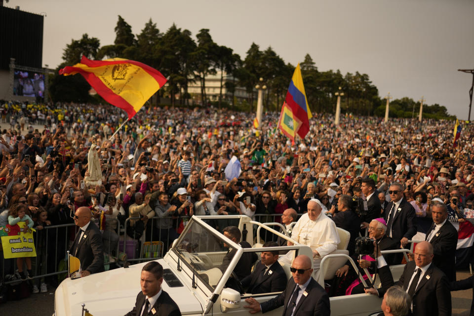 Pope Francis arrives at Our Lady of Fatima shrine in Fatima, central Portugal, Saturday, Aug. 5, 2023. Pope Francis is in Portugal through the weekend into Sunday's 37th World Youth Day to preside over the jamboree that St. John Paul II launched in the 1980s to encourage young Catholics in their faith. (AP Photo/Francisco Seco)