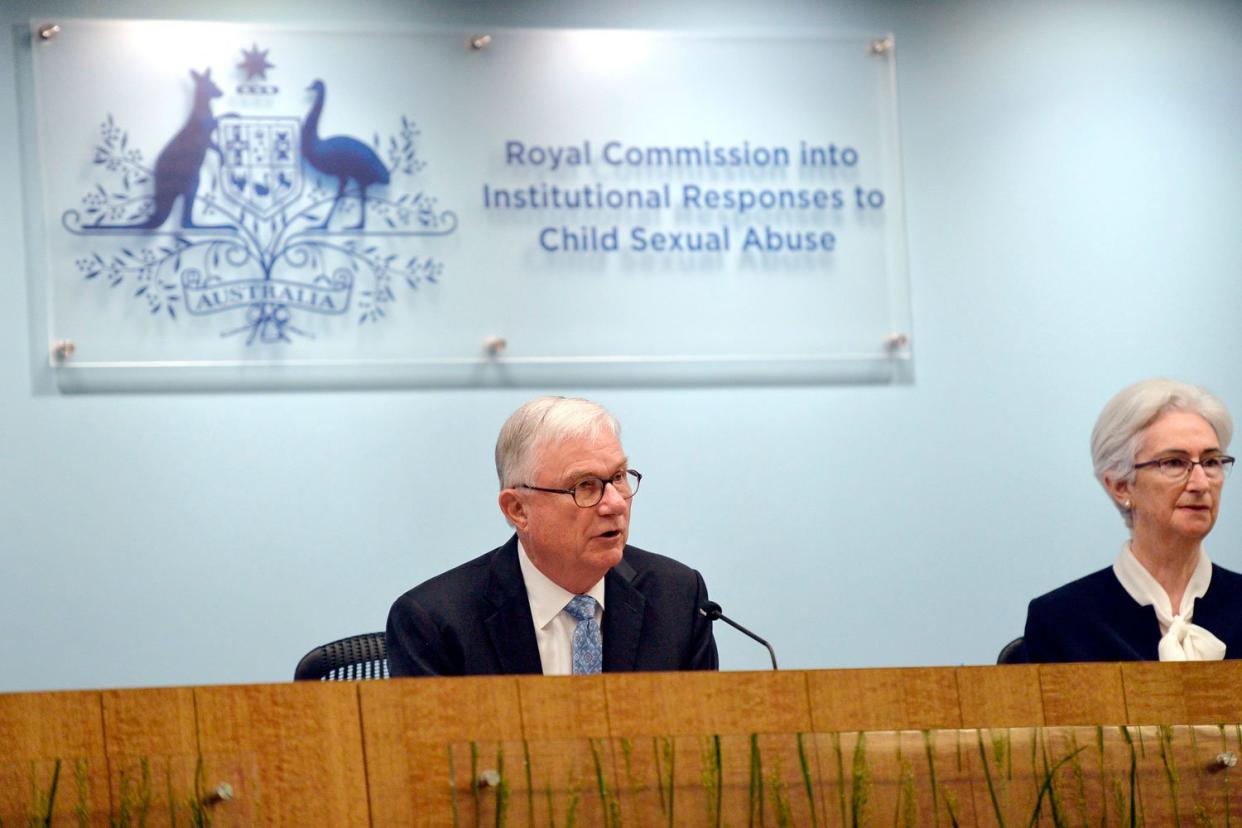 Commissioners Justice Peter McClellan (C) and Justice Jennifer Coates (R) at the final sitting of the Royal Commission into Institutional Responses to Child Sexual Abuse in Sydney: AFP