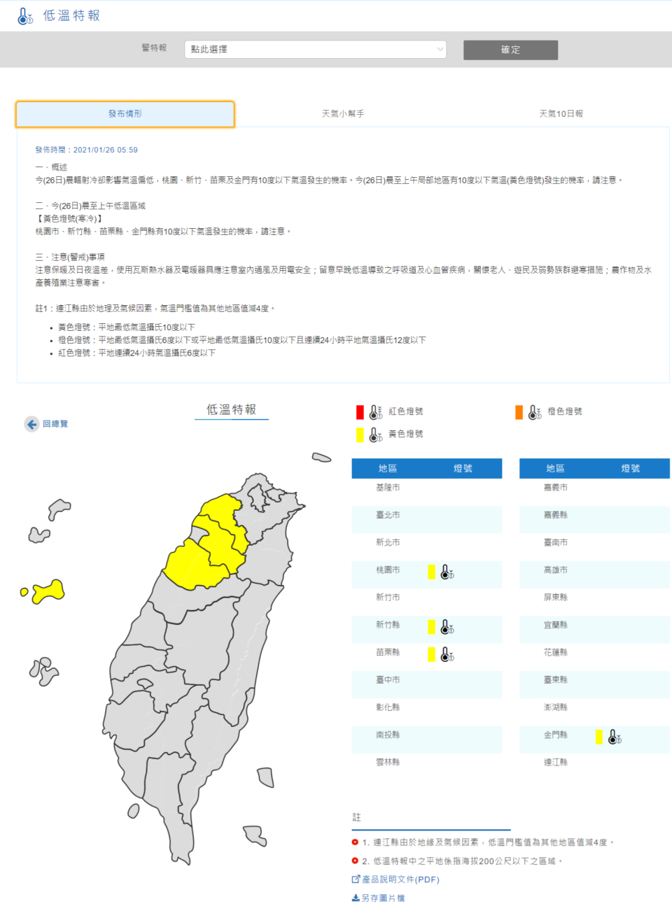 中央氣象局發布低溫特報。（圖／中央氣象局）