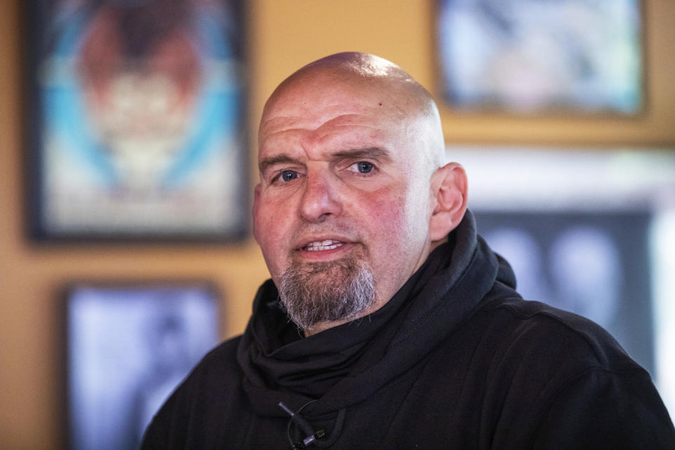 John Fetterman speaks to supporters at the Holy Hound Tap Room in downtown York, Pa., on May. 12, 2022, while campaigning for U.S. Senate seat. (Mark Pynes / The Patriot-News via AP)