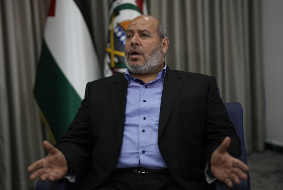 Khalil al-Hayya, a high-ranking Hamas official who has represented the Palestinian militant group in negotiations for a cease-fire and hostage exchange deal, speaks during an interview with The Associated Press, in Istanbul, Turkey, Wednesday, April 24, 2024. (AP Photo/Khalil Hamra)