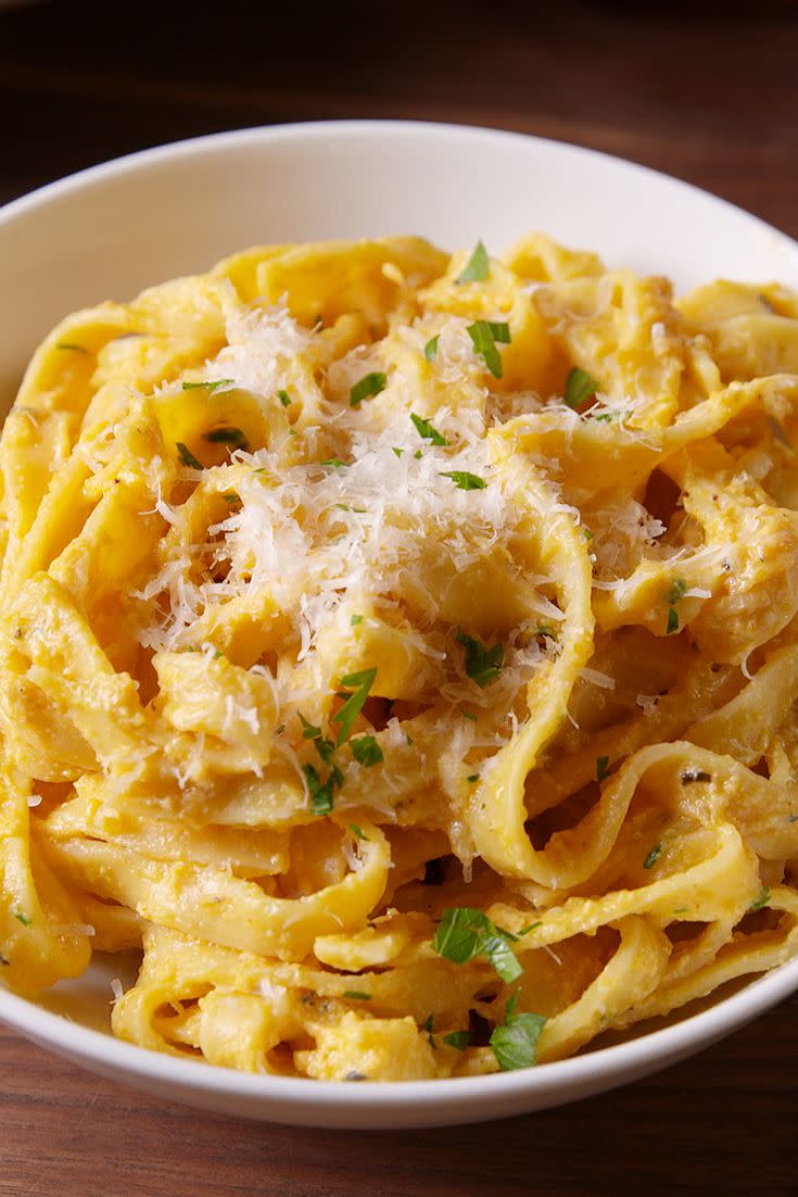 <p>Regular ol' <a href="https://www.delish.com/cooking/recipe-ideas/a55312/best-homemade-fettuccine-alfredo-recipe/" rel="nofollow noopener" target="_blank" data-ylk="slk:Alfredo;elm:context_link;itc:0;sec:content-canvas" class="link ">Alfredo</a>? Bo-ring. Pumpkin adds depth and a pop of color to this irresistibly creamy, gourd-eous pasta.<br><br>Get the <strong><a href="https://www.delish.com/cooking/recipe-ideas/recipes/a50385/pumpkin-alfredo-recipe/" rel="nofollow noopener" target="_blank" data-ylk="slk:Pumpkin Alfredo recipe;elm:context_link;itc:0;sec:content-canvas" class="link ">Pumpkin Alfredo recipe</a></strong>.<br></p>