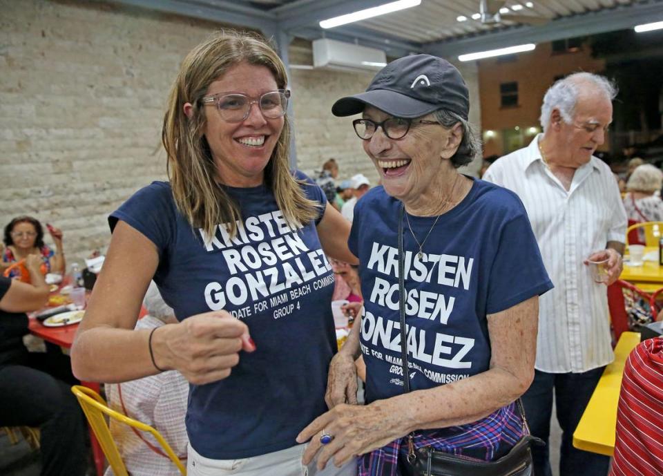 Miami Beach City Commission candidate in Group IV Kristen Rosen Gonzalez talks with one of her supporters, Susana Lombardo, during her Election Day party at el Palacio de los Jugos in Miami Beach on Tuesday, November 5, 2019.