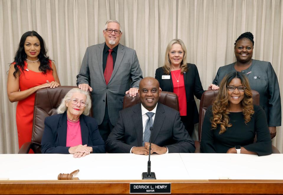 The four-year Daytona Beach City Commission terms in zones 1, 3 and 5 expire at the end of this year. The incumbents in all three of those zones are running for re-election. Pictured standing from left to right are Zone 3 City Commissioner Quanita May, City Commissioner Ken Strickland, City Commissioner Stacy Cantu and City Commissioner Paula Reed. Seated from left to right are Zone 1 City Commissioner Ruth Trager, Mayor Derrick Henry and Zone 5 City Commissioner Dannette Henry.