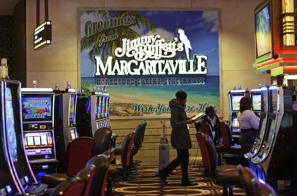 Work continues inside Horseshoe Casino Cincinnati, Tuesday, Feb. 26, 2013, in Cincinnati that is set to open to the public Monday, March 4. The casino features three outward-facing restaurants, including Jimmy Buffett's Margaritaville. (AP Photo/Al Behrman)