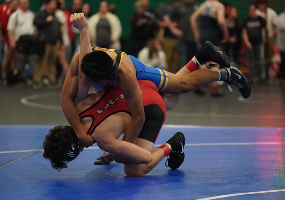 Mahopac's Joseph Ramirez wrestles in the 118-pound match in the round of 16 at the 2023 Eastern States Classic wrestling tournament at SUNY Sullivan County in Loch Sheldrake on Friday, January 13, 2023.