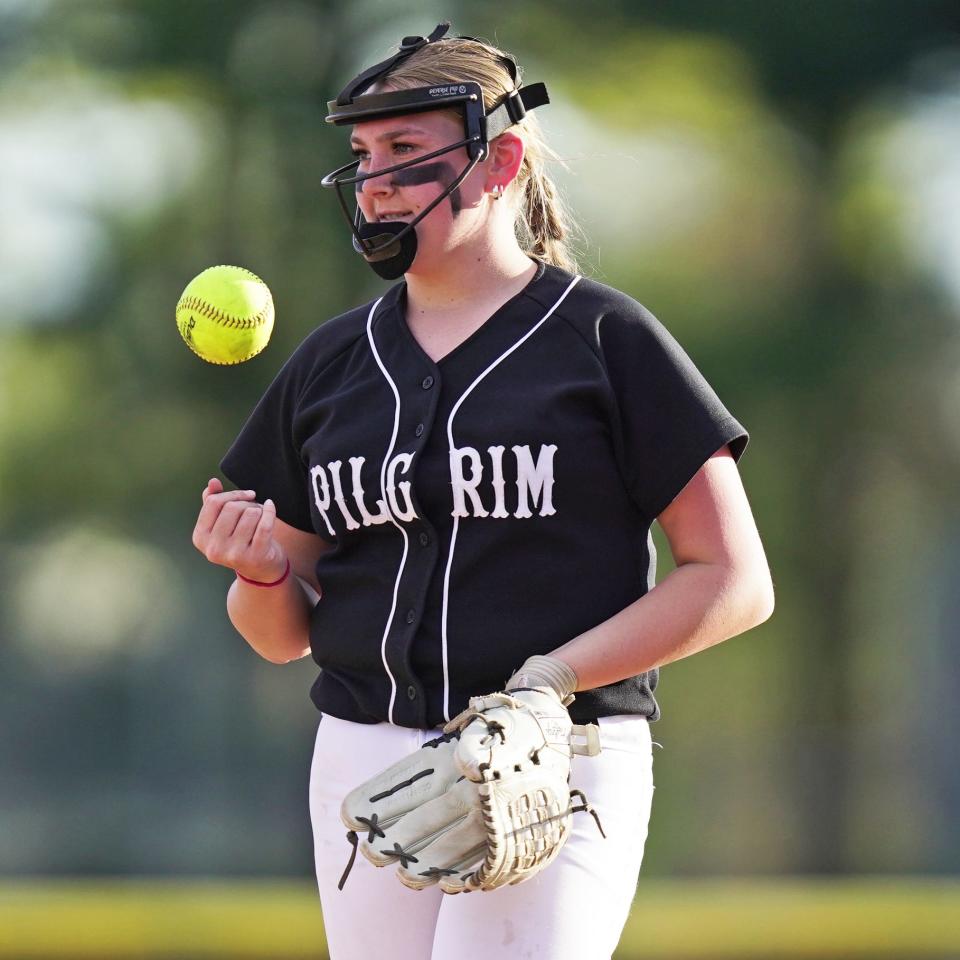 Pilgrim sophomore Gretchen Dombeck was calm, cool and collected on Tuesday and. after throwing six shutout innings, came through when things got tight in the seventh in the Patriots' 4-1 win over Prout.