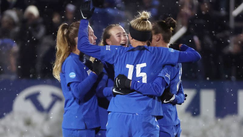 BYU celebrates a goal against North Carolina during the NCAA tournament quarterfinals in Provo on Friday, Nov. 24, 2023. BYU won 4-3.