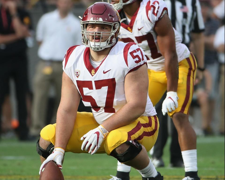 TEMPE, ARIZONA – NOVEMBER 09: Center Justin Dedich #57 of the USC Trojans during the NCAAF game against the <a class="link " href="https://sports.yahoo.com/ncaaw/teams/arizona-st/" data-i13n="sec:content-canvas;subsec:anchor_text;elm:context_link" data-ylk="slk:Arizona State Sun Devils;sec:content-canvas;subsec:anchor_text;elm:context_link;itc:0">Arizona State Sun Devils</a> at Sun Devil Stadium on November 09, 2019 in Tempe, Arizona. The Trojans defeated the Sun Devils 31-26. (Photo by Christian Petersen/Getty Images)