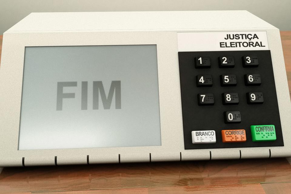 Render of a voting machine for president elections in Brazil, FIM written on display is shown after casting the votes.