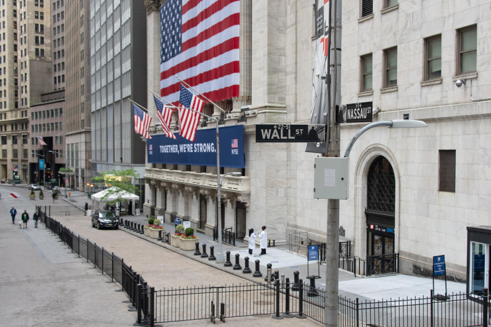 NEW YORK, NEW YORK - MAY 28: A view of the New York Stock Exchange entrance on May 28, 2020 in New York City. The NYSE partially reopened its trading floor on May 25th after a two-month closure due to the COVID-19 pandemic. Government guidelines encourage wearing a mask in public with strong social distancing in effect as all 50 states in the USA have begun a gradual process to slowly reopen after weeks of stay-at-home measures to slow the spread of COVID-19. (Photo by Alexi Rosenfeld/Getty Images)