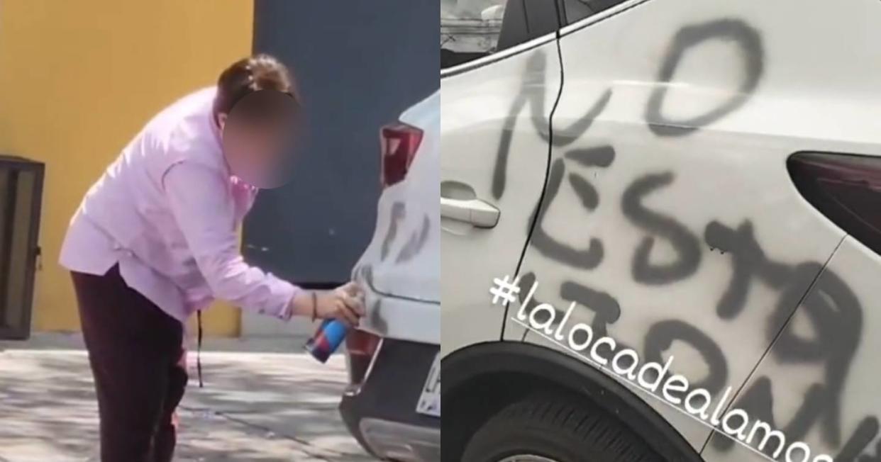 Mujer de CDMX grafitea una camioneta que estaba estacionada cerca de la entrada de su casa. Foto: Captura de video TikTok vía @brenda_barragan