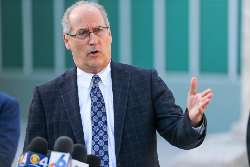 Mayor of Miami Beach Dan Gelber speaks during a press conference at the Miami Beach Police Headquarters following a violent weekend in South Beach that included an armed robbery of a tourist and a triple shooting outside a restaurant, Monday, February 1, 2021.