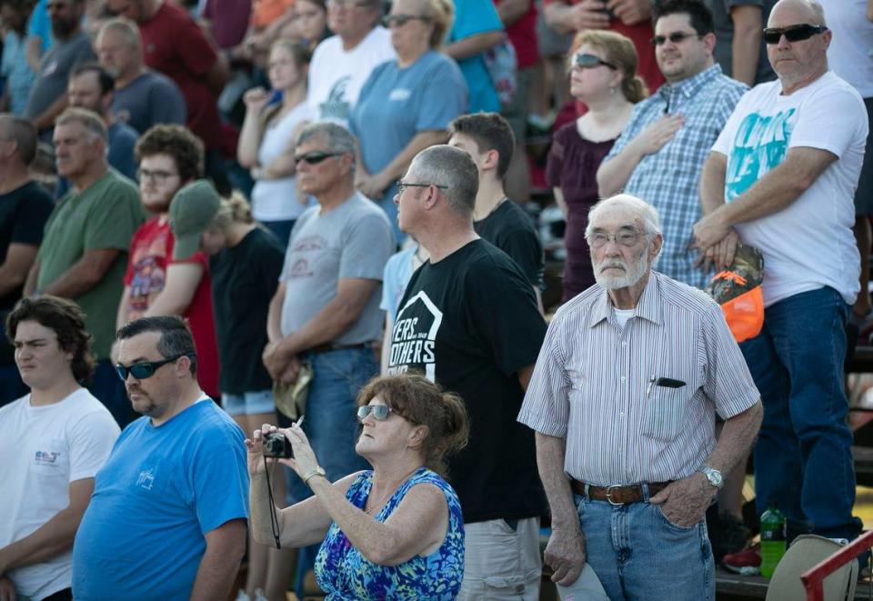 Hundreds of race fans fills the stands at the Ace Speedway on Saturday, May 23, 2020 in the rural Alamance County community of Altamahaw, near Elon, N.C.