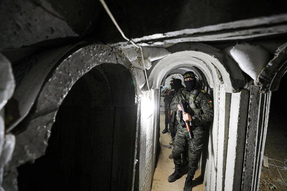 Members of Al-Quds Brigades, an armed wing of Islamic Jihad Movement, keep guard at tunnels on Gaza-Israeli border against a possible attack by Israeli forces in Gaza City, Gaza on March 30, 2023.