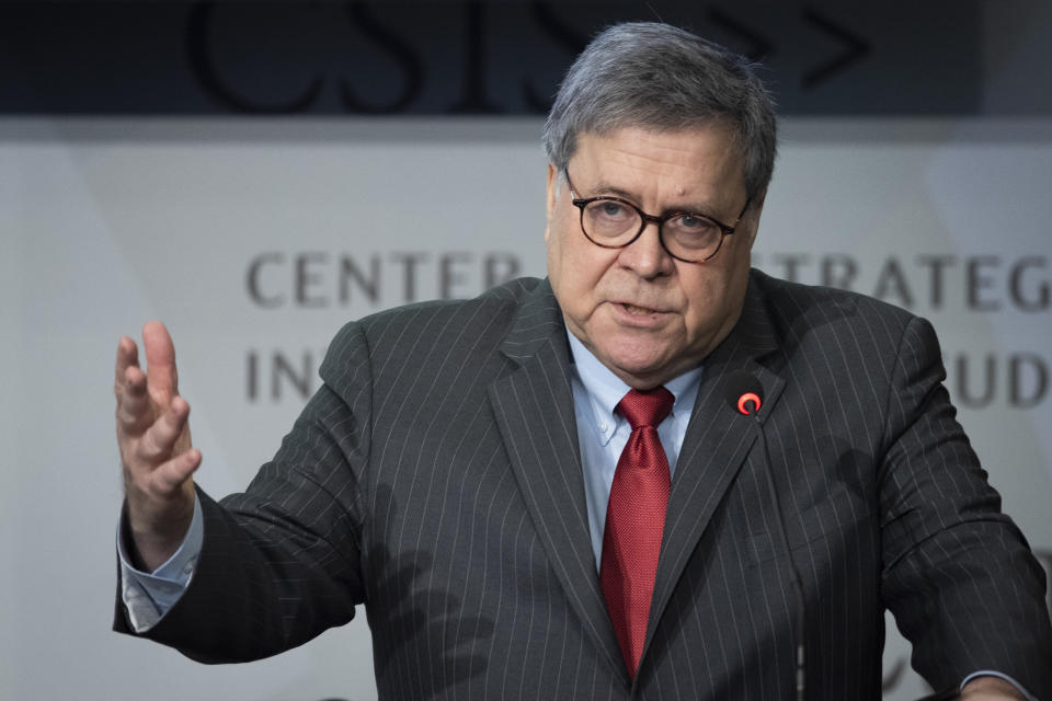 Attorney General William Barr gives the keynote address to the Center for Strategic and International Studies, CSIS China Initiative Conference, Thursday, Feb. 6, 2020, in Washington. (AP Photo/Cliff Owen)