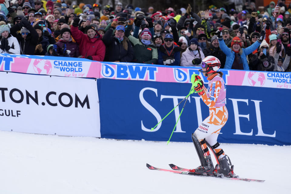 Petra Vlhova of Slovakia reacts after finishing her second run in a women's World Cup slalom skiing race Sunday, Nov. 26, 2023, in Killington, Vt. (AP Photo/Robert F. Bukaty)