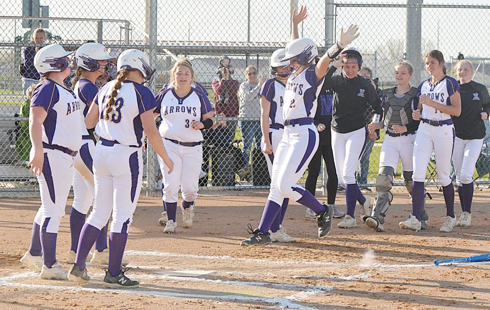 Watertown's Lauryn Hirsch comes in for a landing at home plate after hitting a grand slam during a 15-4 softball win over Sturgis on Friday, May 10, 2024 at the Premier Softball Complex in Watertown.