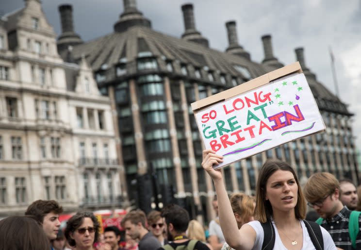 A small group protests at London's Parliament Square on Saturday, one day after a majority of the British public voted to leave the European Union. (Photo: Matt Cardy/Getty Images)