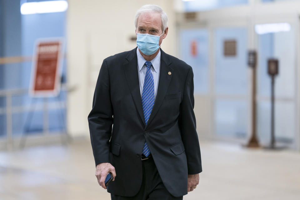 FILE - In this March 16, 2021, file photo Sen. Ron Johnson, R-Wis., arrives as the Senate holds votes on nominees for the Biden administration, at the Capitol in Washington. The Wisconsin Republican is the only senator in his party facing reelection next year in a state that backed President Joe Biden. But rather than moderate his politics to accommodate potentially shifting voter attitudes, Johnson is focusing even more intently on cultural issues that appeal to the GOP's overwhelmingly white base. (AP Photo/J. Scott Applewhite, File)