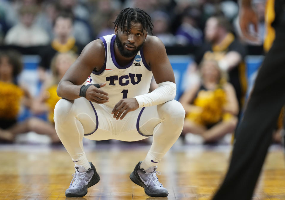 TCU guard Mike Miles Jr. looks on during a break in the second half of the team's first-round college basketball game against Arizona State in the men's NCAA Tournament on Friday, March 17, 2023, in Denver. (AP Photo/David Zalubowski)