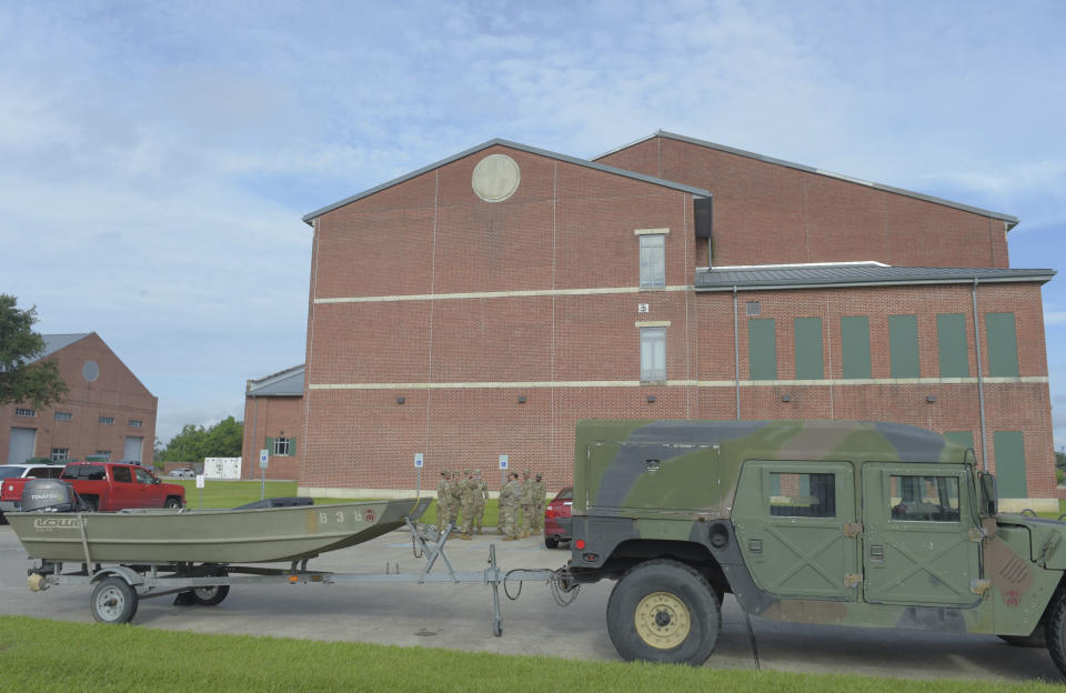 Louisiana National Guard rescue boats are seen staged at Jackson barracks in New Orleans, La. Saturday, Aug. 28, 2021. Residents across Louisiana’s coast rushed to prepare for the approach of an intensifying Hurricane Ida. The storm is expected to bring winds as high as 140 mph when it slams ashore late Sunday.( Max Becherer, NOLA.com, The Times-Picayune/The New Orleans Advocate via AP)