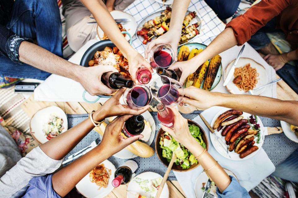 aerial view of people toasting together